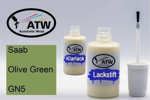 Saab, Olive Green, GN5: 20ml Lackstift + 20ml Klarlack - Set, von ATW Autoteile West.